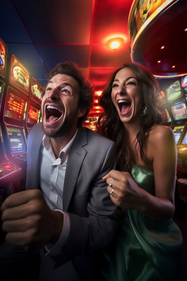 Virtual slot machine with colorful icons and jackpot highlighting winning features